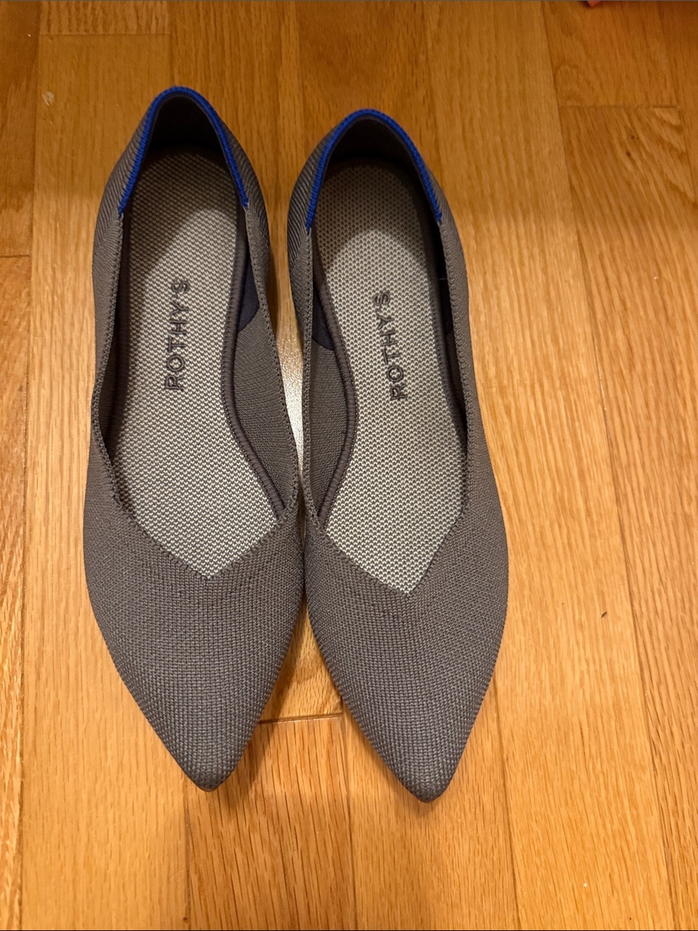 Rothy's Pointed Knit Flats in Gray with Blue Accent